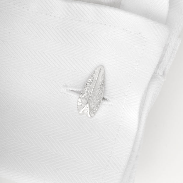 Silver arrowhead cufflinks in shirt detail by Karin Kraemer jewellery 