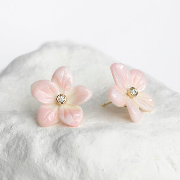 Plumeria Frangipani earrings yellow gold and diamonds