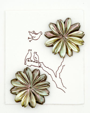 Pair of natural olive green colour Mother-of-pearl flowers, large, Daisy shaped