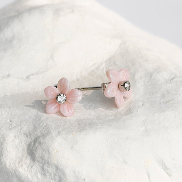 Delicate petit jasmine flower earrings white gold and diamonds