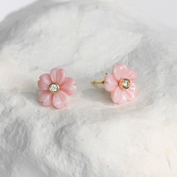 Sakura Cherry blossom flower earrings yellow gold and diamonds